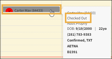 Patient appointment time slot showing grey with Check Out status with yellow highlight boxes around each.